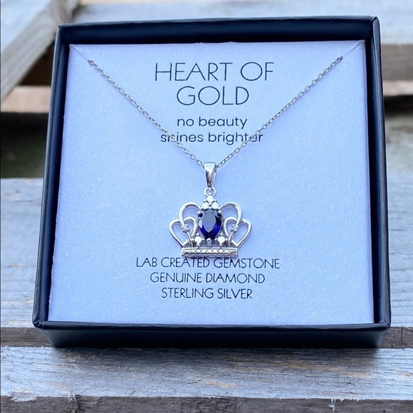 NWT NIB STERLING SILVER SAPPHIRE “HEART OF GOLD” CROWN NECKLACE - Picture 5 of 8